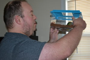 Sean lifts up the hermit crab habitat to see what it's doing