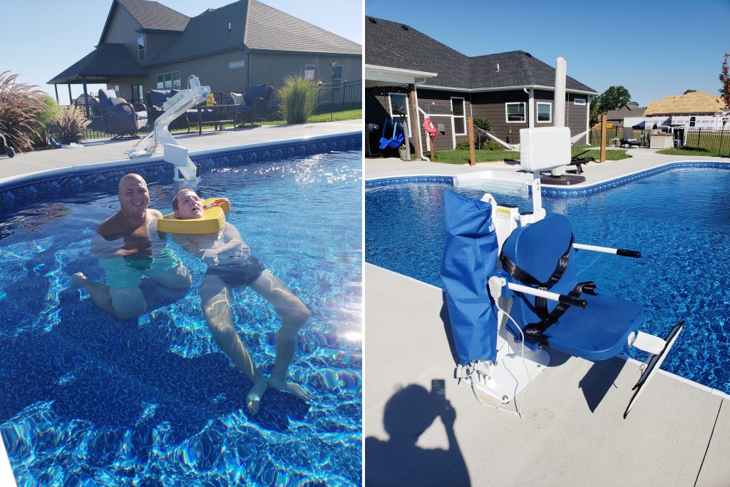 Trevor Roberts and his dad enjoy time together in the family pool thanks to a pool lift installed last summer.