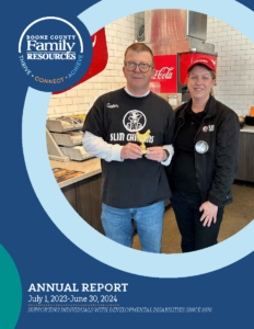 Annual Report Cover Page with a photo of a slim chickens employee and their manager. The employee is holding an award.