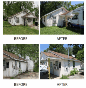 Top: Front of Steve’s house before and after renovations.
Bottom: Side of the house before and after.