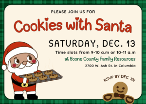 Invite with same info as above but with a cartoon santa and gingerbread man.