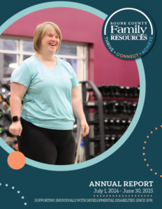 Annual Report cover from July 1, 2024 to June 30, 2025 featuring a young woman with down syndrome in an exercise class.